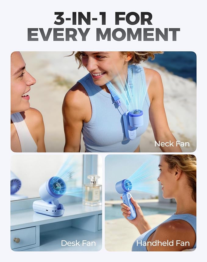 Diveblues Mini Portable Handheld Turbo Fan 27ft/s, 4000mAh Battery | 12H Max Cooling, 5 Speeds, LED Display, Quiet Motor, 3-in-1 Handheld/Neck/Desk Fan for Travel, Cruise & Disney Essentials