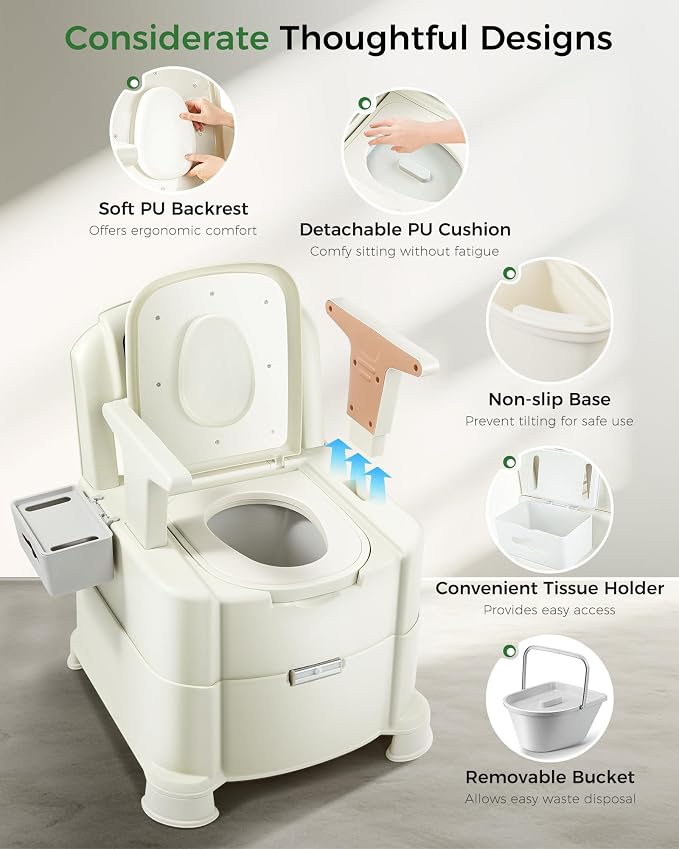 Bedside Commode, 500lbs Heavy Duty & Upgraded Commode Toilet Potty Chair, Portable Camping Toilet, Detachable Armrests, Automatic LED Light, 2-Level Height, 3 Rolls of Commode Liners 【Brown】