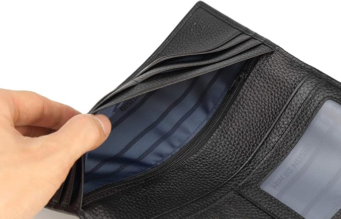 BISON DENIM Long Wallet for Men, RFID Leather Bifold, 12 Card Slots, Black | mens long bifold wallet checkbook billfold credit card holder id window zipper coin pocket slim cowhide purse organizer