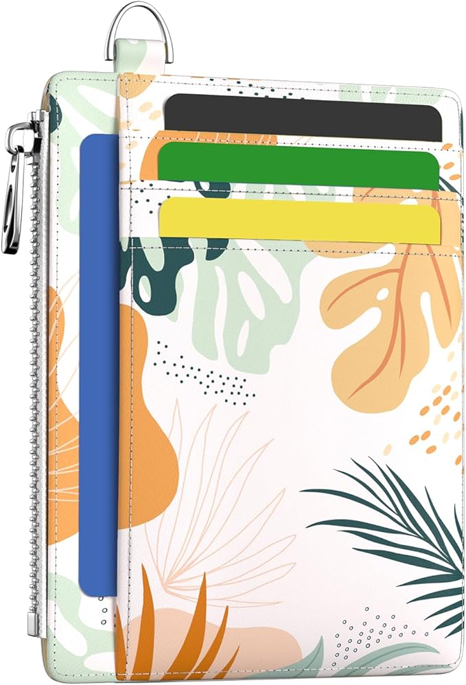 Hancynir Boho Leaves Slim Wallet Women Credit Card Holder, RFID Small Cute | Zipper Pocket Wallet, Thin Travel Coin Purse, Ladies Women Gifts, Minimalist Card Case, 6 Card Slots, ID Window, PU Leather