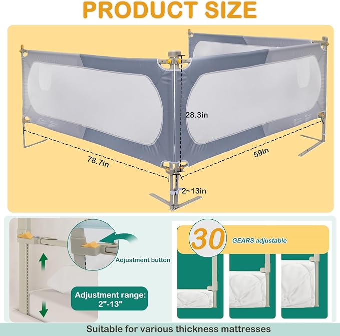 Bed Rail for Toddlers Queen Mattress Size Swing Down Side Rail Guard Rail for Kids (Gray and White, Full)