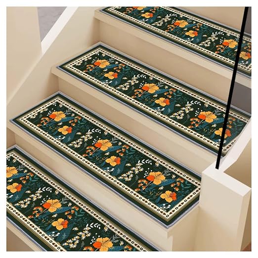 Stair Treads for Wooden Steps, 15 PCS, 30"X8", Colorful | Edging Non-slip Stair Runner Indoor, Self-Adhesive Backing, Washable Reusable, Carpet Stair Treads for Kids Elderly Pets
