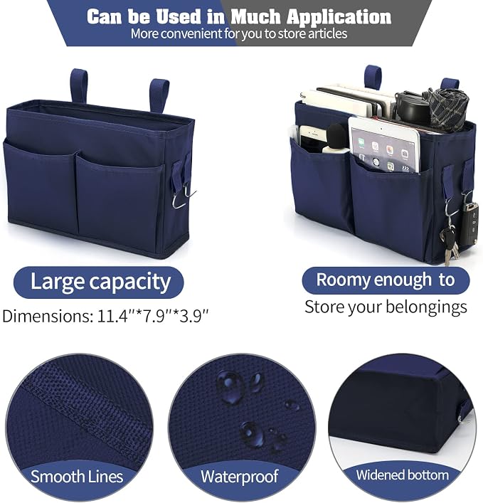 Bseash Bunk Bed Organizer, Bedside Caddy Hanging Bed Organizer Storage Bag with 4 Pockets and 2 Hooks, for College Dorm Rooms Bed, Hospital Bed, Baby Bed Rails, 600D Oxford Cloth (Navy Blue)