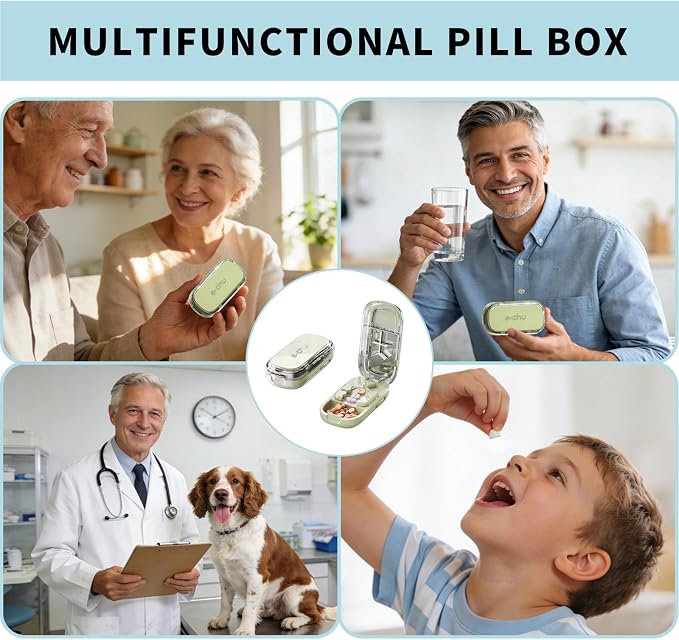 Pill Cutter Splitter for Small and Tiny Pills - Adjustable Pill Cutter for 1/2 1/3 1/4 Quarter Split, Built-in Pill Case for Travel, Pocket, Safe for Medication, Not for Large Hard Vitamins (Green)