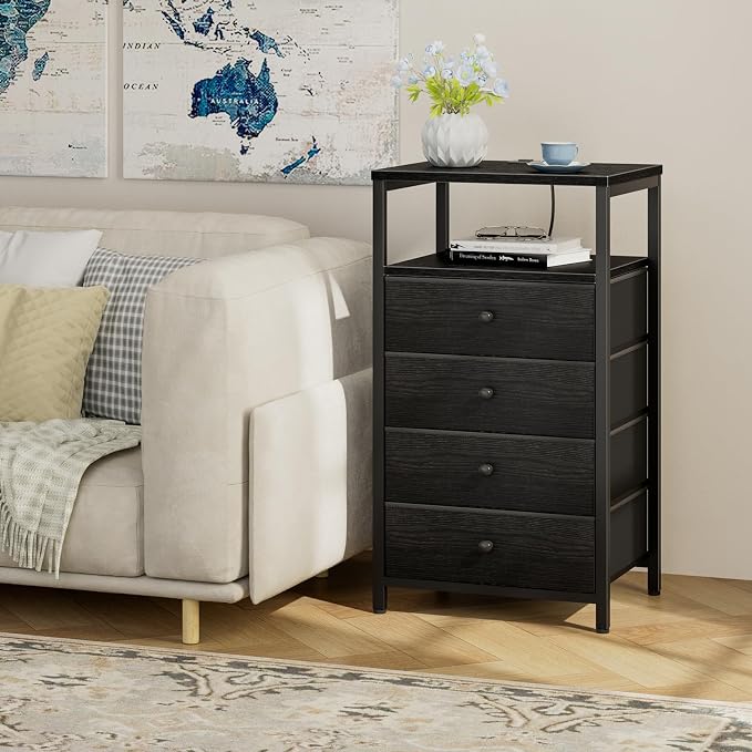 BOLUO Tall Night Stand with Drawers, Black Nightstand with Charging Station and LED Light, Small White 4 Drawer Dresser for Bedroom, Room Storage Closet