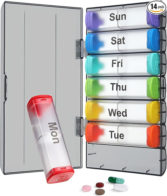 Weekly Pill Organizer 2 Times a Day - 7 Day AM PM Pill Box, Large Travel Pill Case & Supplement Container for Daily Medication, Vitamins, Fish Oils, Portable Pill Holder Storage, Translucent