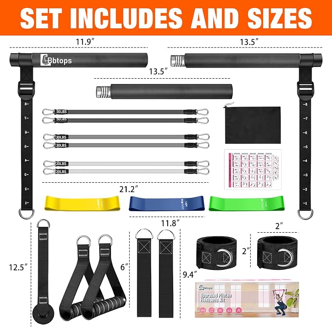 Bbtops Pilates Bar Kit with Resistance Bands,Pilates Bar with Stackable Bands Workout Equipment for Legs,Hip,Waist and Arm,Exercise Fitness Equipment for Women & Men Home Gym Yoga Pilates