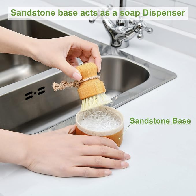 SUBEKYU Bamboo Dish Brush Set with Soap Holder, Wooden Dish Scrubber with Soap Dispenser, Natural Kitchen Scrub Brush, Washing Pot/Pans/Cast Iron, 2 Pack, Sisal + Coconut Palm Bristles