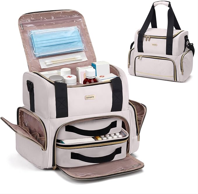 BAFAMYE Large Medicine Storage Bag with 2 Removable Cases, Medicine Storage Bag with Multiple Storage Sections,with Shoulder Strap,Suitable for Travel or Home,Beige