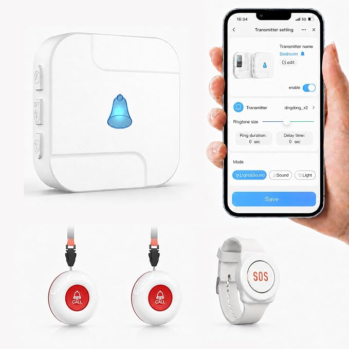 SanJie WiFi Caregiver Pager with Remote App Alerts & Family Sharing, IP55 Water-Resistant Call Button for Elderly at Home, Recovery Care & Night Care, 110dB Loud Alarm & 20 Chimes (Only 2.4GHz Wi-Fi)