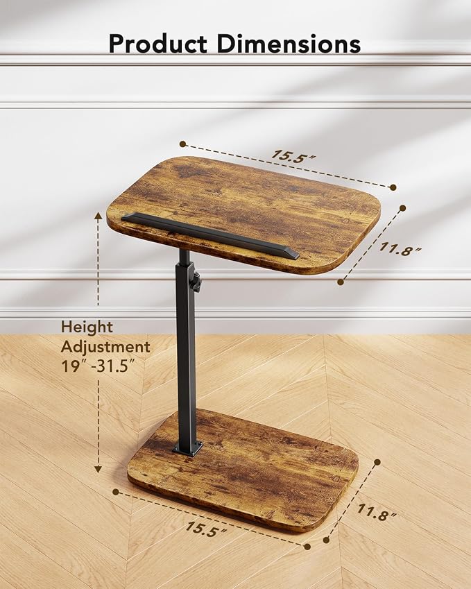 HUANUO TV Tray with Height Adjustment, 360° Swivel, 90° Tilt, Rustic Brown | 19" - 31.5" Height Range, Dual Knobs for Stability, Anti-slip bar, Foldable, for Eating & Working Beside Sofa, Bed