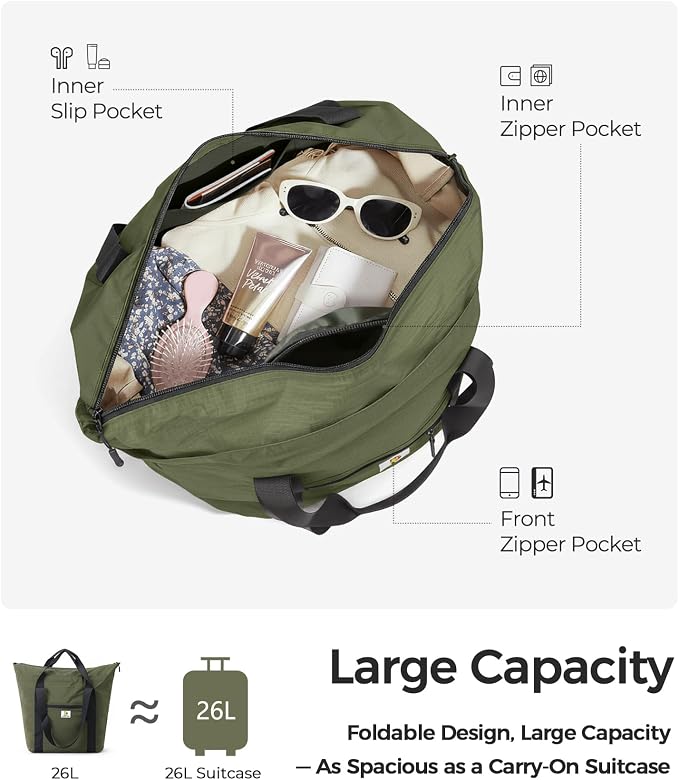 Foldable Travel Bag, 26L Duffle Bag for Travel, Expandable Second Carry-On Bag for Travel & Shopping, Water-Resistant Personal Item Bag, Olive Green