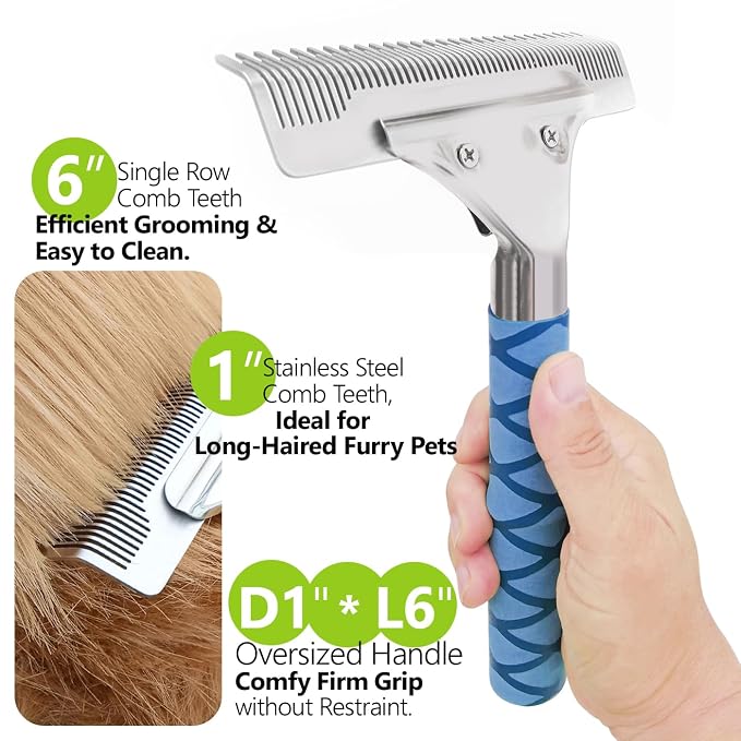 Dog Brush for Shedding, Undercoat Rake for Dogs & Cats, 6" Wide Dual Length Stainless Steel Teeth Deshedding Grooming Brush for Long & Short Haired Pets, Comfort Grip, Easy Clean - BLUE