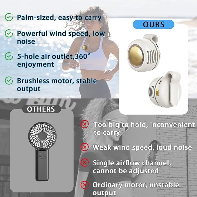 Portable Clip-On Fan, Mini USB Rechargeable 360° Rotatable Fan, Personal Fan 3-Speed Silent Mini Bladeless Fans