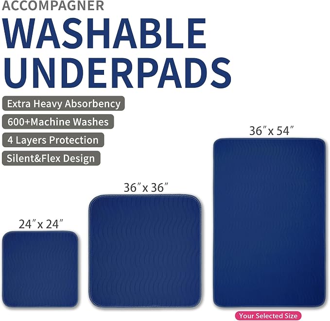 Accompagner Incontinence Bed Pads Washable Waterproof, Ultra-Absorbent Reusable Underpads for Diaper Changing, Nursing, Bedridden, Adults, Seniors, Kids and Dogs (Navy, 36"x54"(Pack of 2))