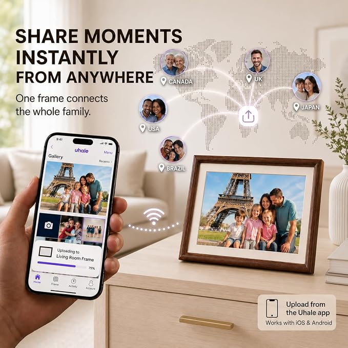 8” WiFi Digital Picture Frame – 100% Real Wood Frame, HD Touchscreen, 16GB Storage, MicroSD/USB-C, Auto-Rotate, App Sharing, Electric Picture Frame Slideshow, Desk & Family Use, Moms Birthday Gifts