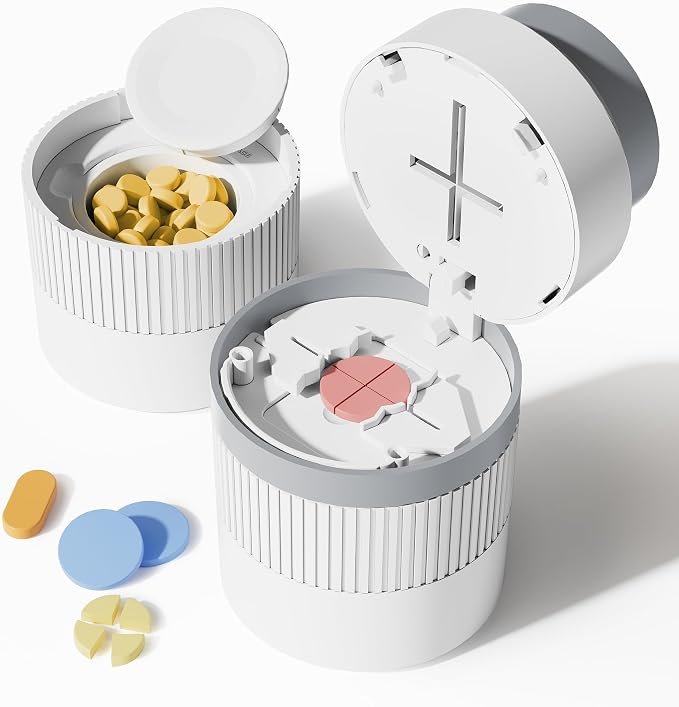 Sukuos Pill Cutter, Adjustable 1/4 and 1/2 Splitter for Cutting Multiple Pills, Press-to-Cut Small & Large Tablets with Pill Crusher and Storage Compartment &Sharp Stainless Blade, Gray