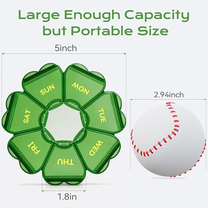 Pill Organizer Weekly - Cute Medicine Pill Organizer 7 Day, Large Daily Pill Box for Travel, SHIJOINYU Pill Dispenser Case 1 Time a Day for Medication/Supplement/Fish Oil (Green)