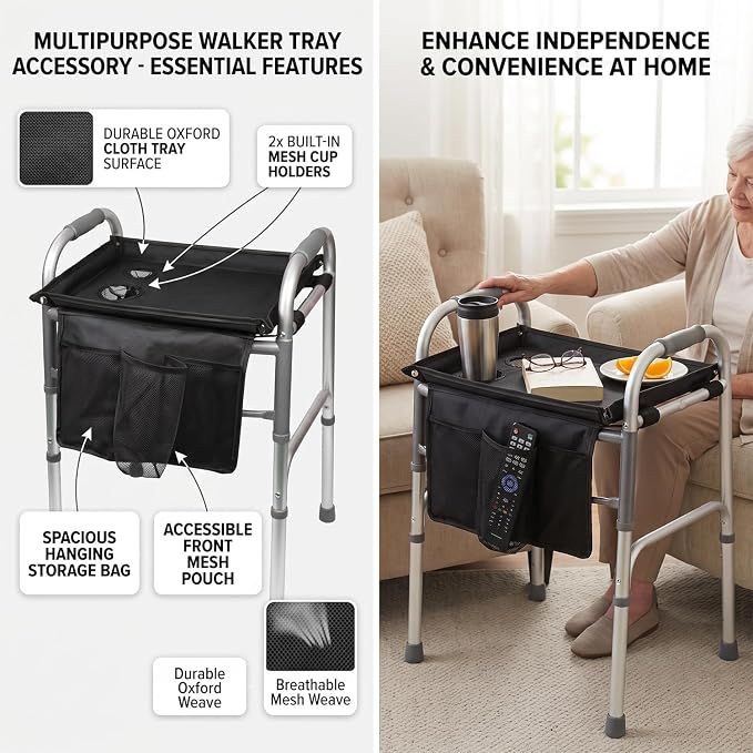 Walker Tray for Folding Walker with Baffles and Cup Holder,Trays for Walkers Detachable,Walker Trays for Rolling Folding Walker,Walker Accessories for Elderly