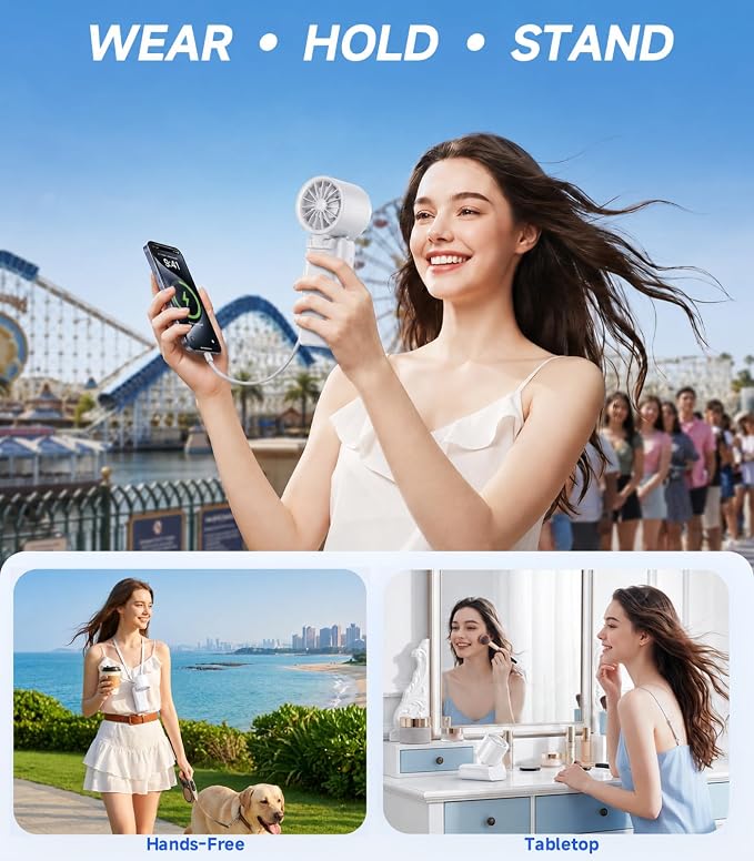 Turbo Portable Handheld Fan, 15000mAh Rechargeable Personal Fan for Travel | 15m/s Foldable Neck Fan with 100 Speeds, Up to 50H Runtime, Built-in USB-C Output and Display for Concerts and Outdoors