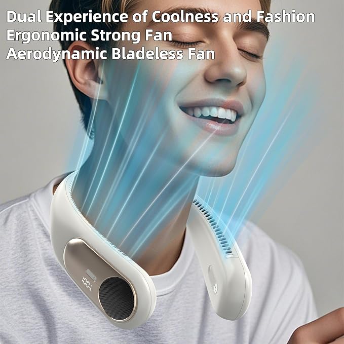 Portable Neck Fan, Personal Wearable Bladeless Fan for Outdoor Indoor, LED Display, 360° Cooling, 4-Speeds, 6000mAh USB Rechargeable, Birthday Gifts for Men Women Dad Mom (off-white)