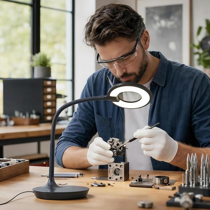 3X+6X Magnifying Glass with Light and Stand, Dimmable LED Magnifying Lamp | Flexible Gooseneck, Hands Free Magnifier, Magnification Lamp for Elderly Craft Hobby Painting Sewing Close Work,Weighted Base