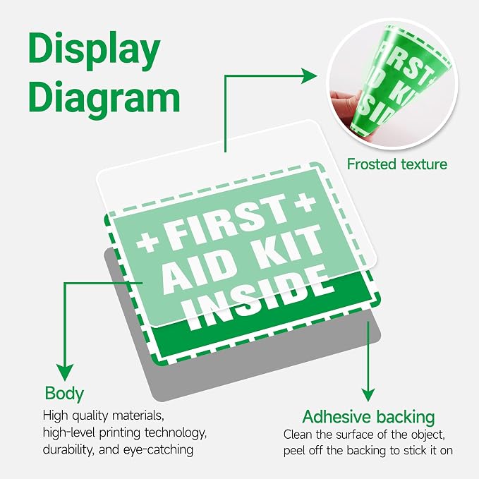 4PCS First Aid Sign Sticker, Self-Adhesive Waterproof First Aid Decals for First Aid Boxes, Emergency First Aid Kit Inside for Home, Car, Office, School, Factoryor Business 5.1''x3.9''