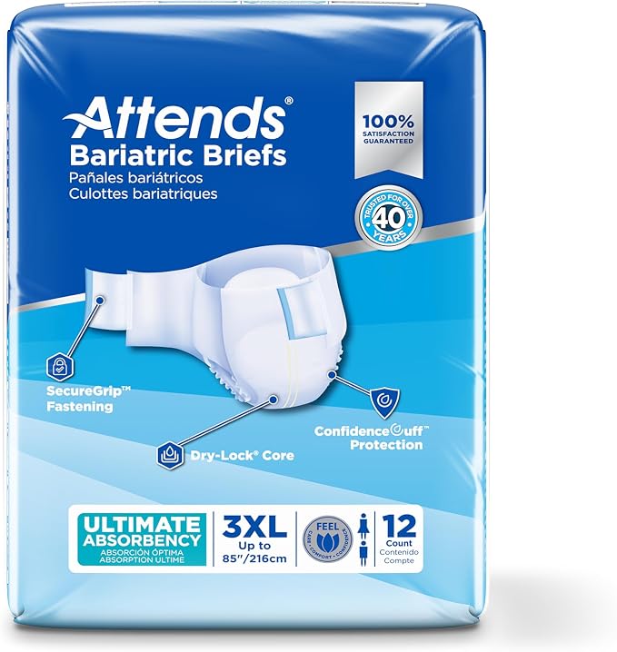 Attends Bariatric Incontinence Disposable Briefs, 3X-Large, Up to 85" Waist with Tab Closures, Ultimate Absorbency, Dry-Lock Containment Core and ConfidenceCuff Leakage Protection, 3XL 12ct Bag