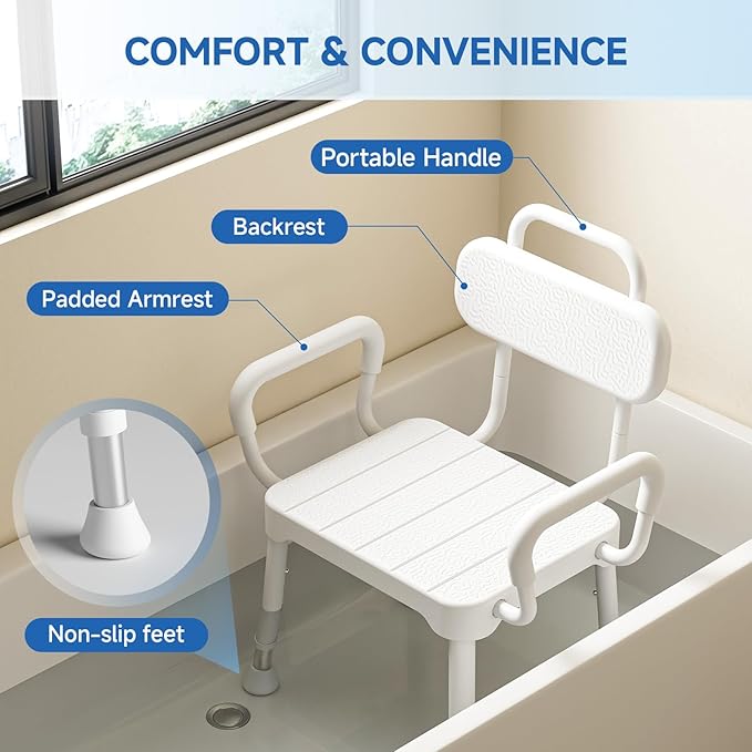 Shower Chair for Inside Shower,Bath Chair with Arms and Back,Aluminum Shower Stool for Tub,Slip Resistant Shower Bench,Height-Adjustable Shower Seat with Handles for Seniors,Neutral Gray
