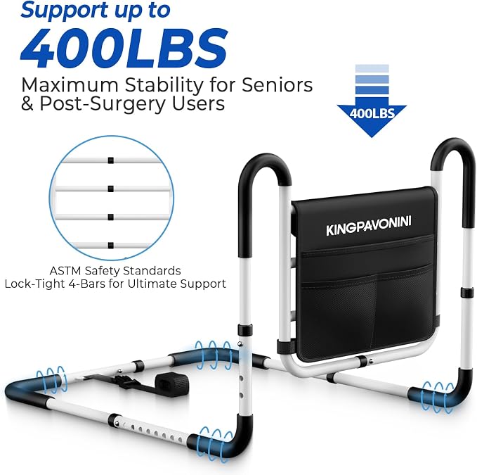 Bed Rails for Elderly Adults Safety, 400LB Support, Model BL07 | ASTM-Approved, Bed Rails for Seniors & Post Surgery, Ergonomic Dual U-Handles & 4-Bar Reinforced Anti-Tip, Tool-Free