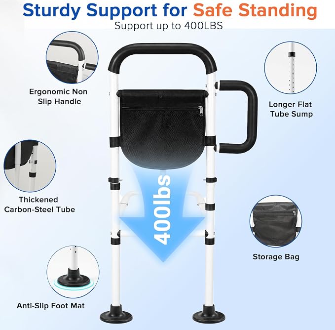 AYP Bed Rails for Elderly Adults Safety–Adjustable Bed Side Rails for Seniors, Featuring Extended Non-Slip Grab Bar and Storage Pocket, ASTM Approved Bed Cane–Fits Twin,Full,Queen,King Size Bed