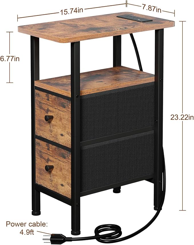 Narrow End Table with Charging Station, Small Nightstand | Skinny Side Tables Living Room with 2 Fabric Drawers, Bedside Table with LED Lights for Bedroom, Small Spaces, Rustic Brown