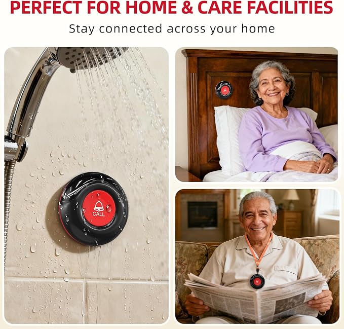 CallToU Caregiver Pager Wireless Call Button for Elderly at Home, 500+ ft Open Area Long Range Through Walls, 3 Plug-in Receivers and 2 Waterproof SOS Buttons, Home Nurse Call System