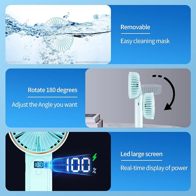 Peiyuu Portable Fan, 4000mAh USB Rechargeable, 180° Foldable Mini Desk Fan with 6 Wind Speed, LCD Digital Display, Lanyard as Neck Fan, Ultra Quiet
