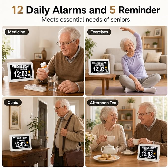 JALL 10" Large Digital Calendar Day Clock for Seniors 2026 - Easy to Read Alzheimer's Dementia Memory Loss Clock for Elderly with IPS Wide Angle，Day & Date, 12 Custom Alarms & Auto-Dimming, White