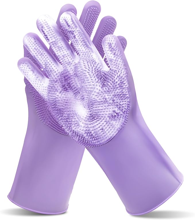 Pet Grooming Gloves—Dog Washing Gloves with High-Density Teeth, Dog Bath Scrubber with Enhanced Five Finger Design, Silicone Gloves for Dogs and Cats Bathing, Massage (Purple)