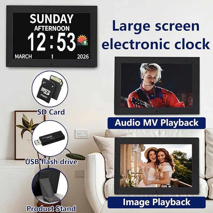10.1 Inch Black Digital Dementia Clock, Large Display Calendar Clock, 15 Medication Reminders, Auto DST, Auto Brightness Adjustment, Equipped with Remote Control (10.1inch Black, Large)