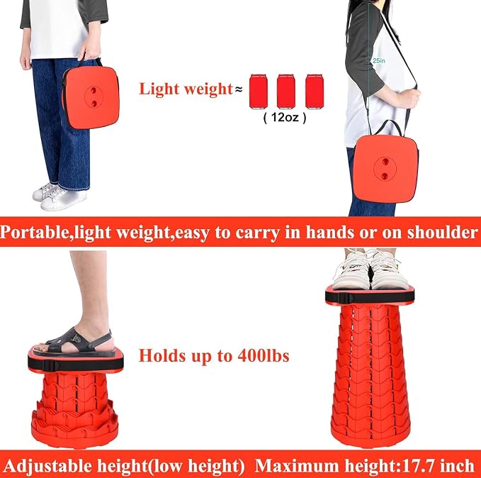 Fishboy Upgraded Collapsible Stool, 400lbs Max Weight, Lightweight But Sturdy, Portable Retractable Folding Telescoping Foldable Camping Stool for Adults Outdoor Fishing Hiking BBQ
