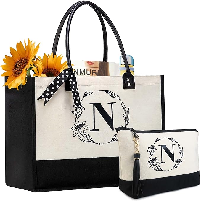 BeeGreen Initial Canvas Tote Bags Personalized Birthday Gift for Women Friends Mother Mom Embroidery Monogram Bags with Leather Handle Inner Zipper Pocket N