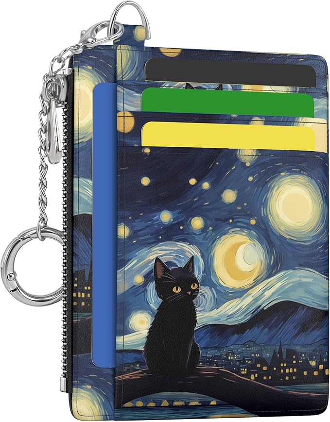 Hancynir Black Cat Small Wallet Women Credit Card Holder, Slim RFID Cute | Zipper Keychain Wallet, Travel Coin Front Pocket, Ladies Women Gifts, Thin Minimalist Card Case, 6 Card Slots, PU Leather