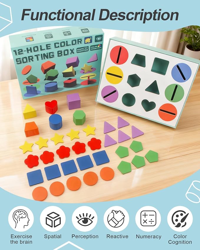 Dementia Activities for Seniors - Geometric,Colors & 12-Hold Color Shape Sorting Box Game | Memory & Cognitive Training Puzzle | Ideal Alzheimer's Sensory Gift for Elderly