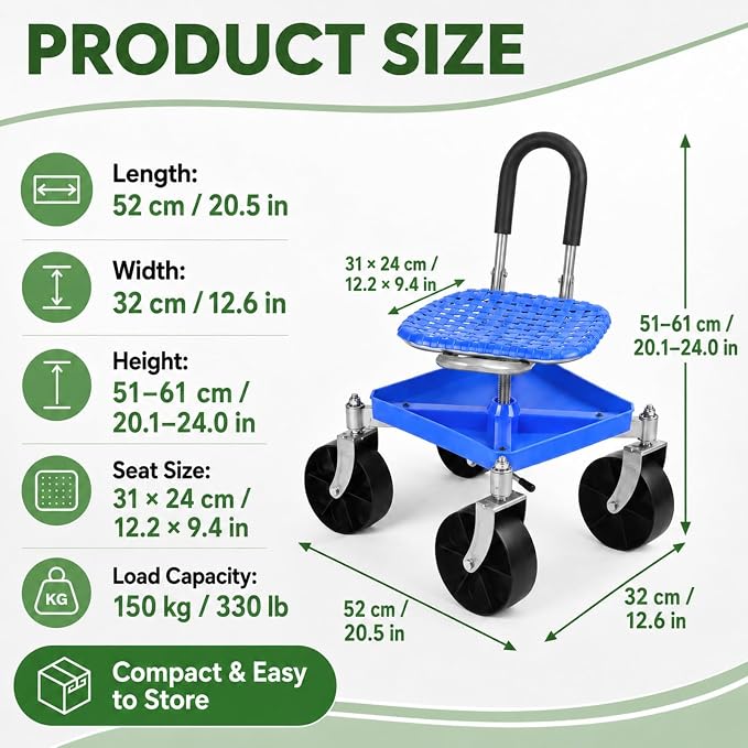 Rolling Garden Seat with Wheels, Adjustable Garden Scooter Stool with Backrest,Garden Cart with Tool Storage Tray & Backpack, Gardening Work Seat for Weeding, Planting, Yard Work (Without Backpack 1)