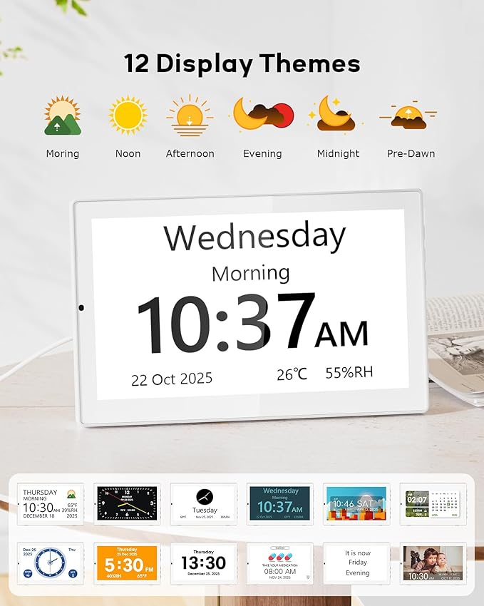 10.1" Digital Clock with Date and Day for Elderly, Remote Control Digital Calendar with 12 Themes & 9 Colors, AutoDST, 23 Preset Schedules & Customizable, Auto Dimming, Indoor Temperature, Humidity