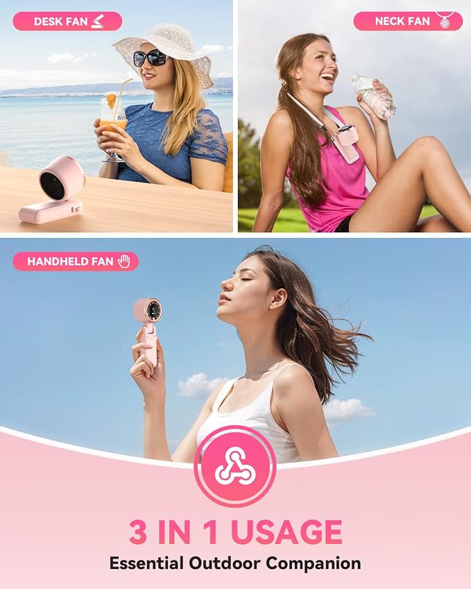 PlayHot Portable Handheld Turbo Fan, Travel Essentials, Gifts for Women/Men | 5-Speed, Up to 12H, 10m/s Airflow, USB-C Rechargeable, LED Display, 3-in-1 Foldable Personal Fan for Cruise, Beach, Vacation