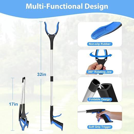 8 Pack 32 Inch Grabber Reacher Tool, Trash Grabbers, Trash Pickers | Heavy duty grabber tool and trash picker upper grabber for adults, seniors, schools, facilities and cleanup crews.