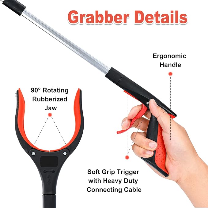2-Pack Grabber Reacher Tool,32 Inch Extra Long Foldable Pick Up Stick with Strong Grip Magnetic,360°Rotating Anti-Slip Jaw,Trash Claw Grabber Tool,Trash Picker Tool for Outdoor & Indoor (Red)