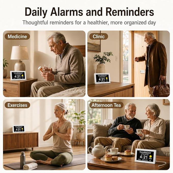JALL 7" Digital Calendar Day Clock for Seniors 2026, Non-Abbreviated with Day & Date, Easy-to-Read Alzheimer's Dementia Clock for Elderly, Auto-Dimming, 8 Custom Alarms, Auto DST, White