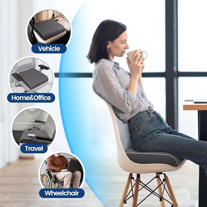 SweetSlubr Seat Cushion for Tailbone Pain Relief, Office Chair Cushion, Memory Foam Large Chair Pad with Non-Slip Cover for Soft Support at Office Chair, Car Seat, Airplane Grey/Large