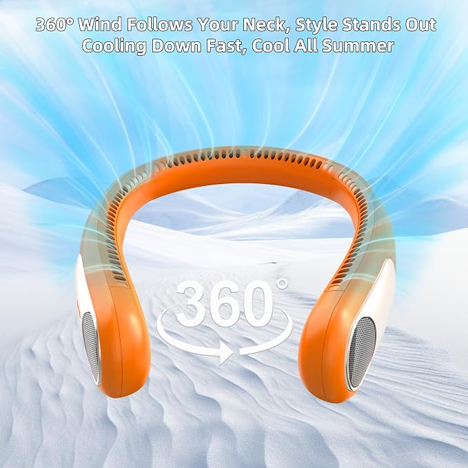 Portable Neck Fan, Personal Wearable Bladeless Fan for Outdoor Indoor, LED Display, 360° Cooling, 4-Speeds, 6000mAh USB Rechargeable, Birthday Gifts for Men Women Dad Mom (Orange)