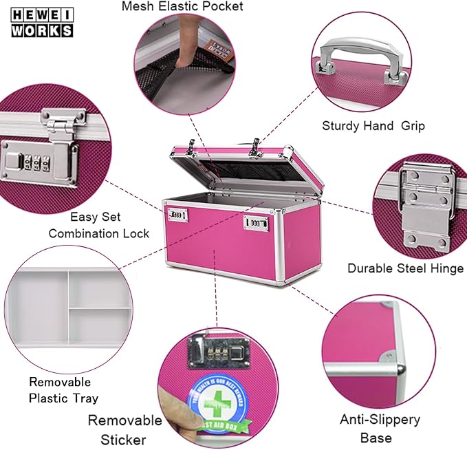 Locking Box with Portable Storage Case, 15''x 8.7''x 9.3''，Childproof Medication Lock Organizer, Lockbox for Documents，Medicine & Valuables (PINK)